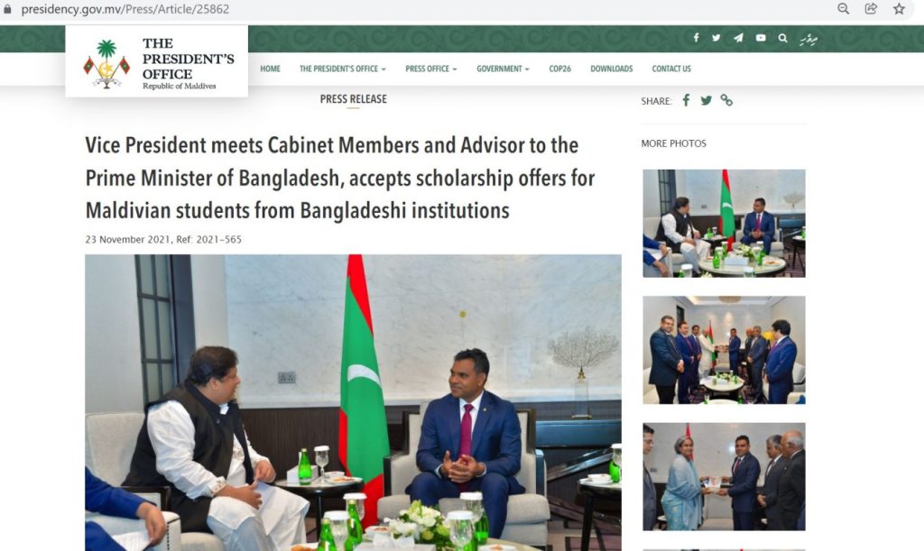 Vice President meets Cabinet Members and Advisor to the Prime Minister of Bangladesh, accepts scholarship offers for Maldivian students from Bangladeshi institutions